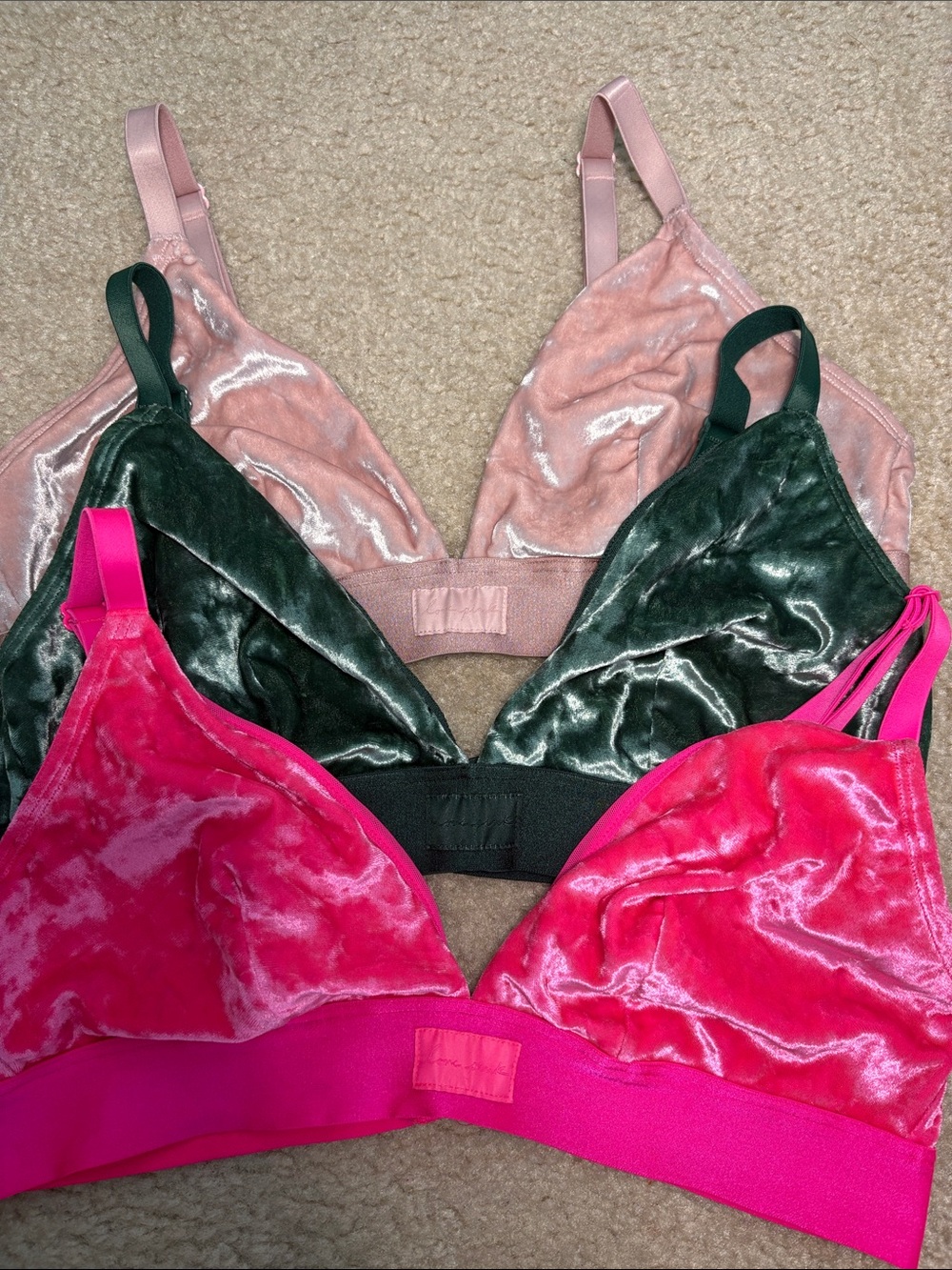 PINK Victoria Secret Velvet Bralette 3 Sets with Adjustable Straps